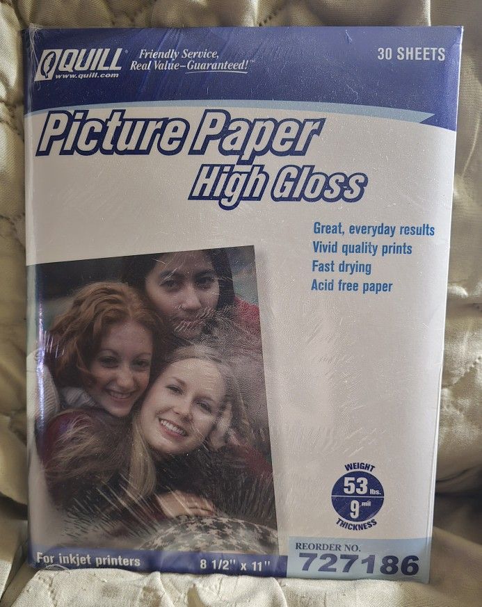 1 Pack Of Quill Picture Paper High Gloss 30 Sheets 8 1/2 X 11 For Ink Jet Printers New
