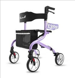PLANET WALK Super Lightweight Rollator Walker for Seniors, Foldable Rolling Walker with Seat and 8" Rubber Wheels for All Terrain, Unique Design Alumi