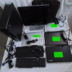 Desktop, Monitor, Cables, Keyboards, and 4 Laptops