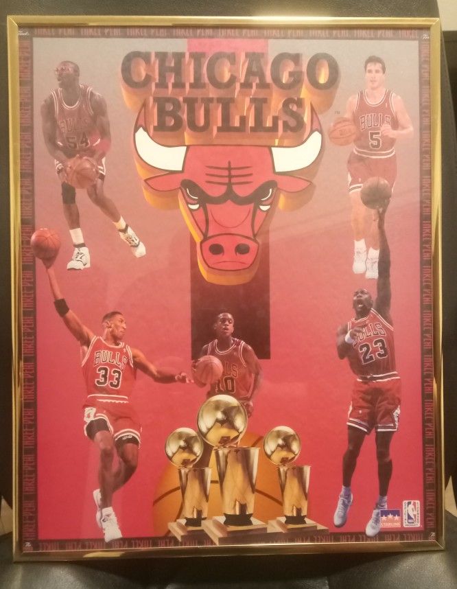 CHICAGO BULLS THREE PEAT POSTER WITH FRAME AND 6 MICHAEL JORDAN PICTURES FROM A MAGAZINE