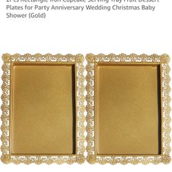 2Pcs Rectangle Iron Cupcake Serving Tray Fruit Dessert Plates for Party Anniversary Wedding Christmas Baby Shower (Gold)