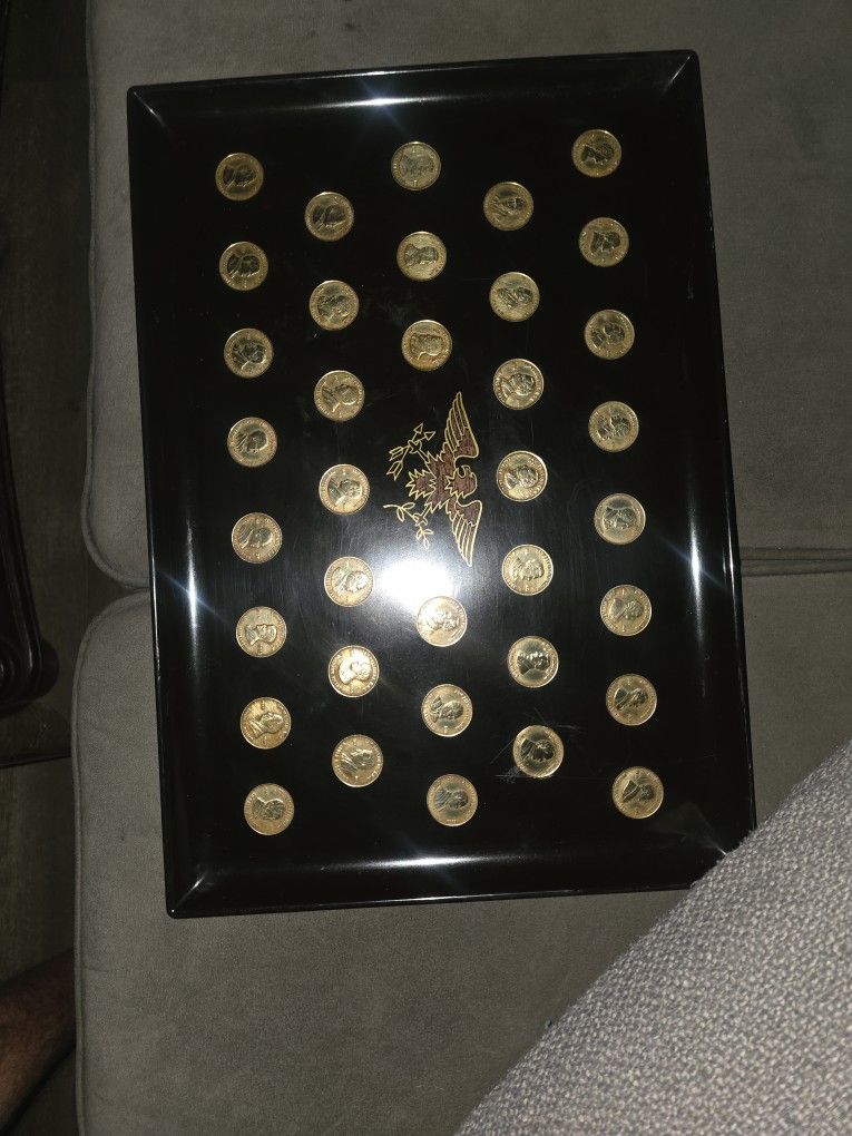 VINTAGE COUROC OF MONTEREY TRAY PRESIDENTIAL COINS WASHINGTON TO NIXON 1970s.