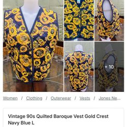 Vintage 90s Quilted Baroque Vest Gold Crest Navy Blue L