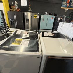 Samsung Top Load Washer and Gas Dryer In Ivory