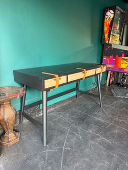 Black Wood Desk with Cane Front Drawers