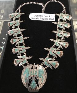 JOHNNY FRANK NAVAJO PEYOTE BIRD NECKLACE TURQUOISE CORAL