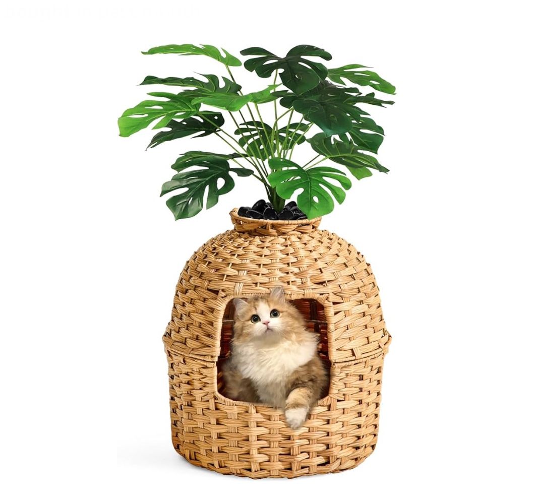 SETVSON Cat Litter Box Plant Furniture Enclosure, Hidden Handwoven Rattan with Cat Litter Box and Artificial Plants, Odor Control Filter, Real Stones