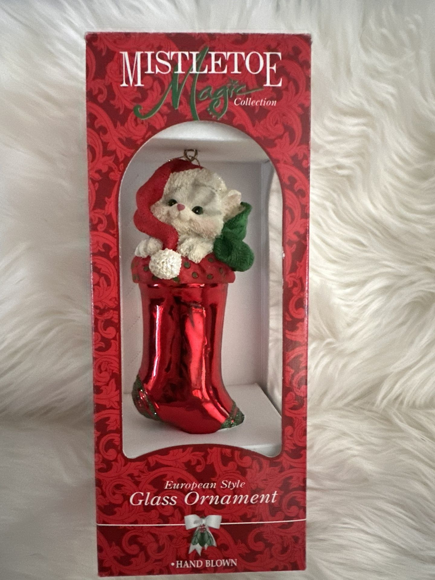 New: Santa's Best European Style Hand Blown Glass Christmas Ornament Cat