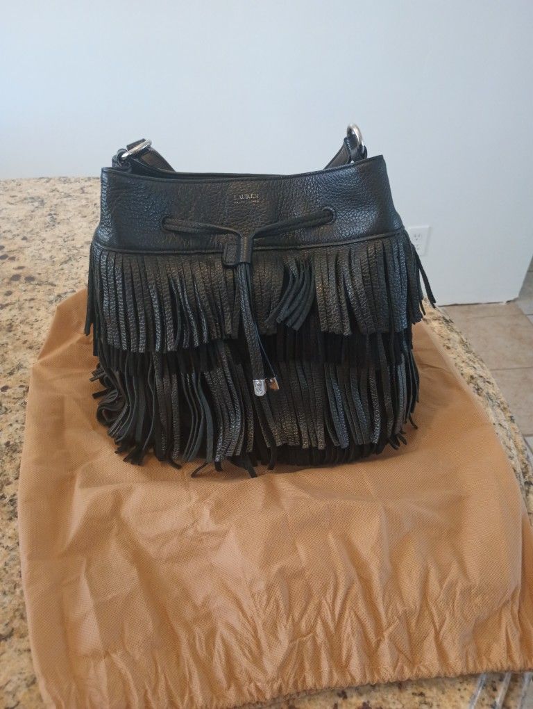 Purse - Ralph Lauren Cow Leather Black Designer Cobden Draw String Shoulder Handbag