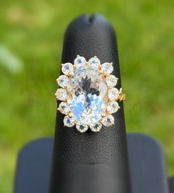 Jewelry 14k solid yellow gold 5.00CTW aquamarine round and oval cuts Ring sz 6