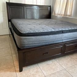 King Wooden Bed Frame With Large Storage Drawers