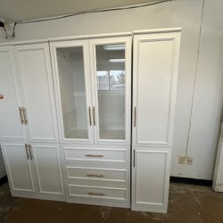 3-Combination White Wood 79.1 in. W 8-Door Big Armoires with Hanging Rods, Drawers, Shelves 74.8 in. H x 19.3 in. D