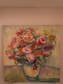 Beautiful Wall Art / Framed Decor (Floral Oil Painting & Abstract Embroidered Art)