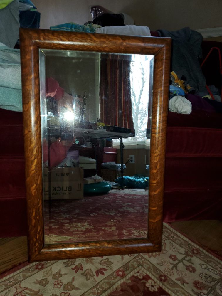 Antique tiger oak beveled mirror