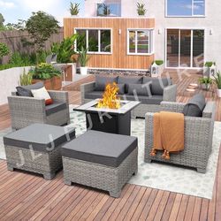 NEW🔥Outdoor Patio Furniture Grey Wicker Charcoal Grey Cushions 6 Pc Set 30" Firepit ASSEMBLED