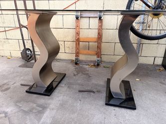 Glass Top Dining Table with Wave Metal Bases