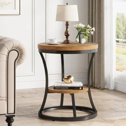 Round End Table, 2 Tier Industrial Side Table, Accent Bedside Table Nightstand with Metal Frame for Living Room, Bedroom, Small Spaces, Easy Assembly,
