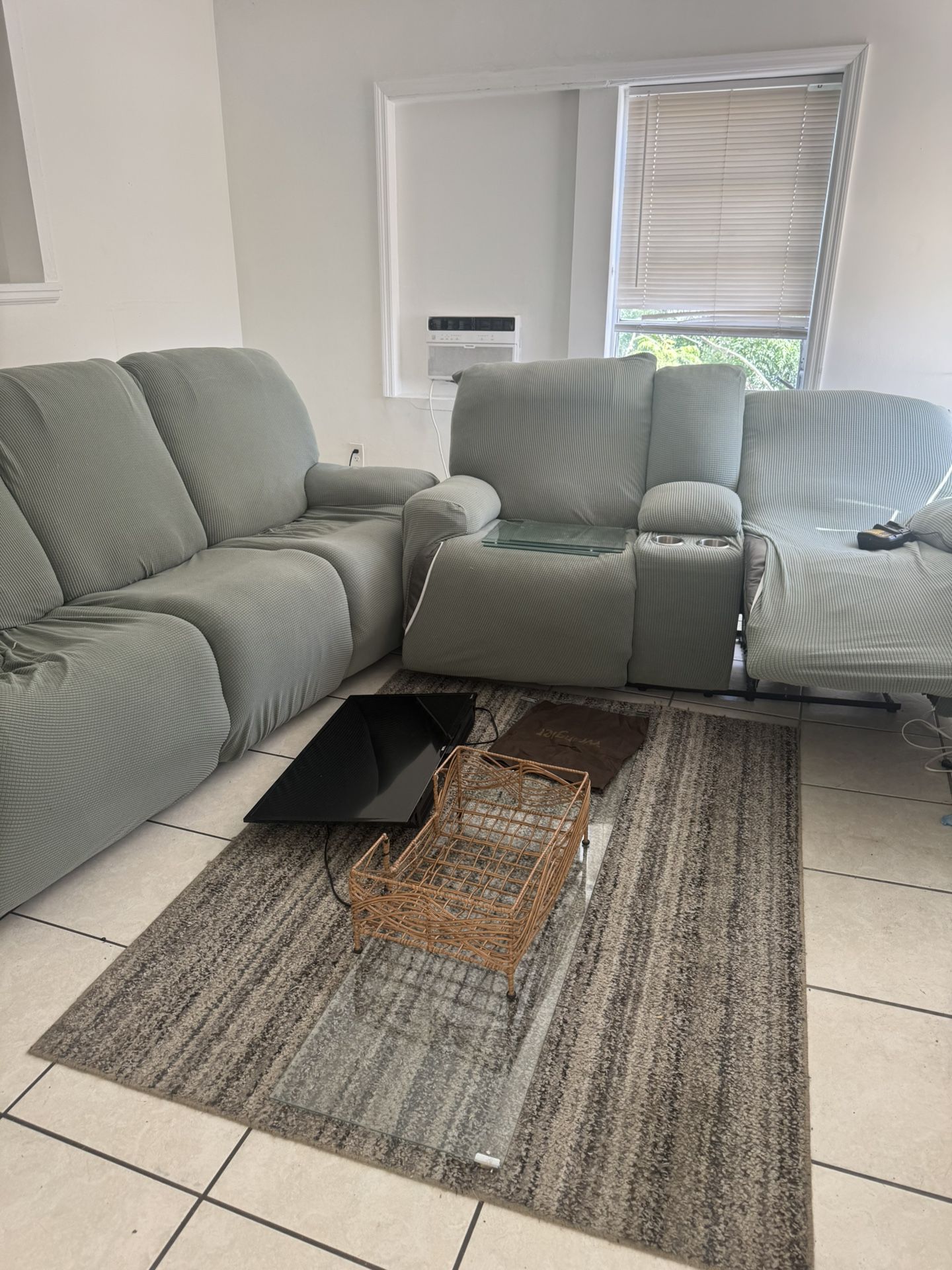 Sectional Couch, TV, shelves