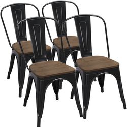 18 Inch Classic Iron Metal Dining Chair with Wood Top/Seat Indoor-Outdoor Use Chic Dining Bistro Cafe Side Barstool Bar Chair Coffee Chair Set of 4 Bl