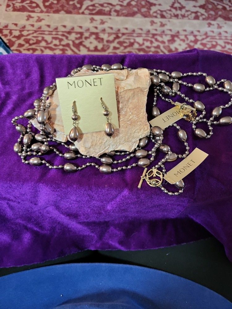 Monet, 2 Bronze Beaded Strands &  Earrings 