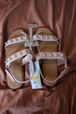 Cat & Jack Girls Pink Strappy Sandals Pearl Studded Ankle Strap Buckle Sz 3 NWT