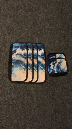 Navy blue marble refrigerator, stove, and microwave handle