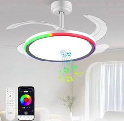Slim RGB Retractable Ceiling Fan with Light and APP/Remote Control, 42inch Modern Smart Ceiling Fan with Bluetooth Speaker, Dimmable Full Spectrum wit
