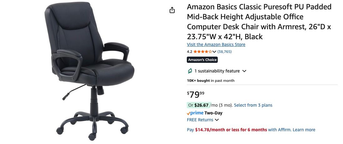 Amazon Basics Classic Puresoft PU Padded Mid-Back Height Adjustable Office Computer Desk Chair with Armrest, 26"D x 23.75"W x 42"H, Black