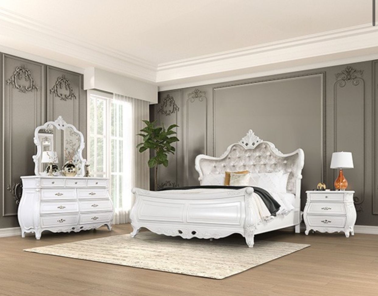 4PCS BEDROOM SET WHITE TAN (FVALENTINI) QUEEN $2199 E KING $2299 FREE LOCAL DELIVERY