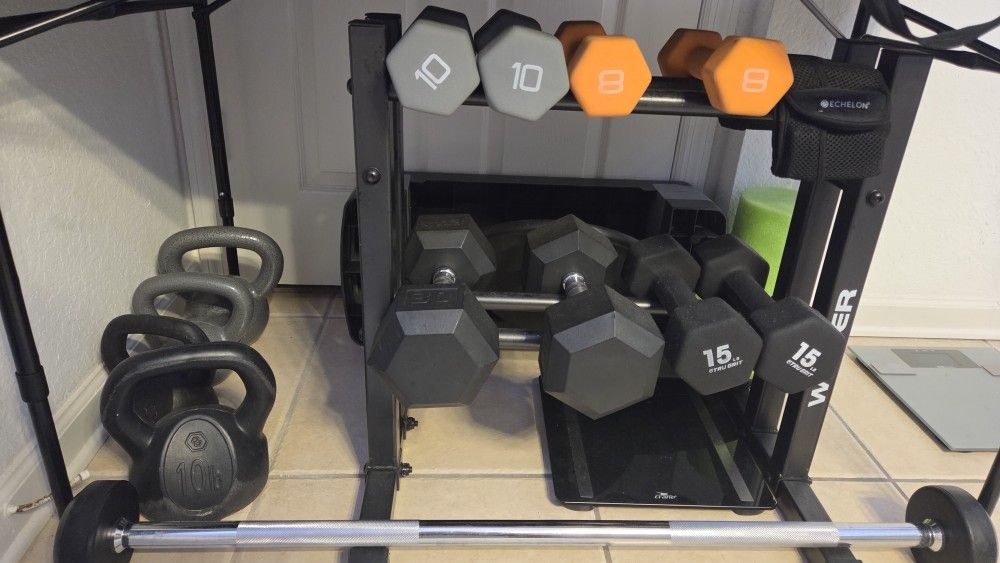Assorted Dumbells + Rack + Kettle Bells