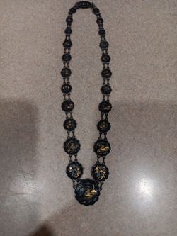 Vintage Black and Gold Scenic Panel Necklace