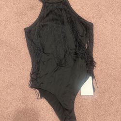 New Small Black Stretchy Fringe Top Bodysuit Festival Boho Lingerie 