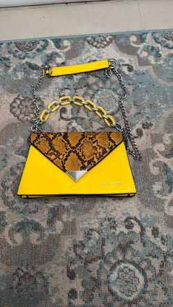 Charles And Keith Yellow Hand Bag With Snake Skin Flap