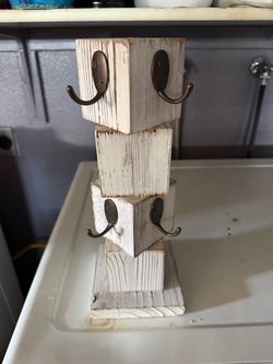 Rustic Wood Mug Tree with Metal Hooks