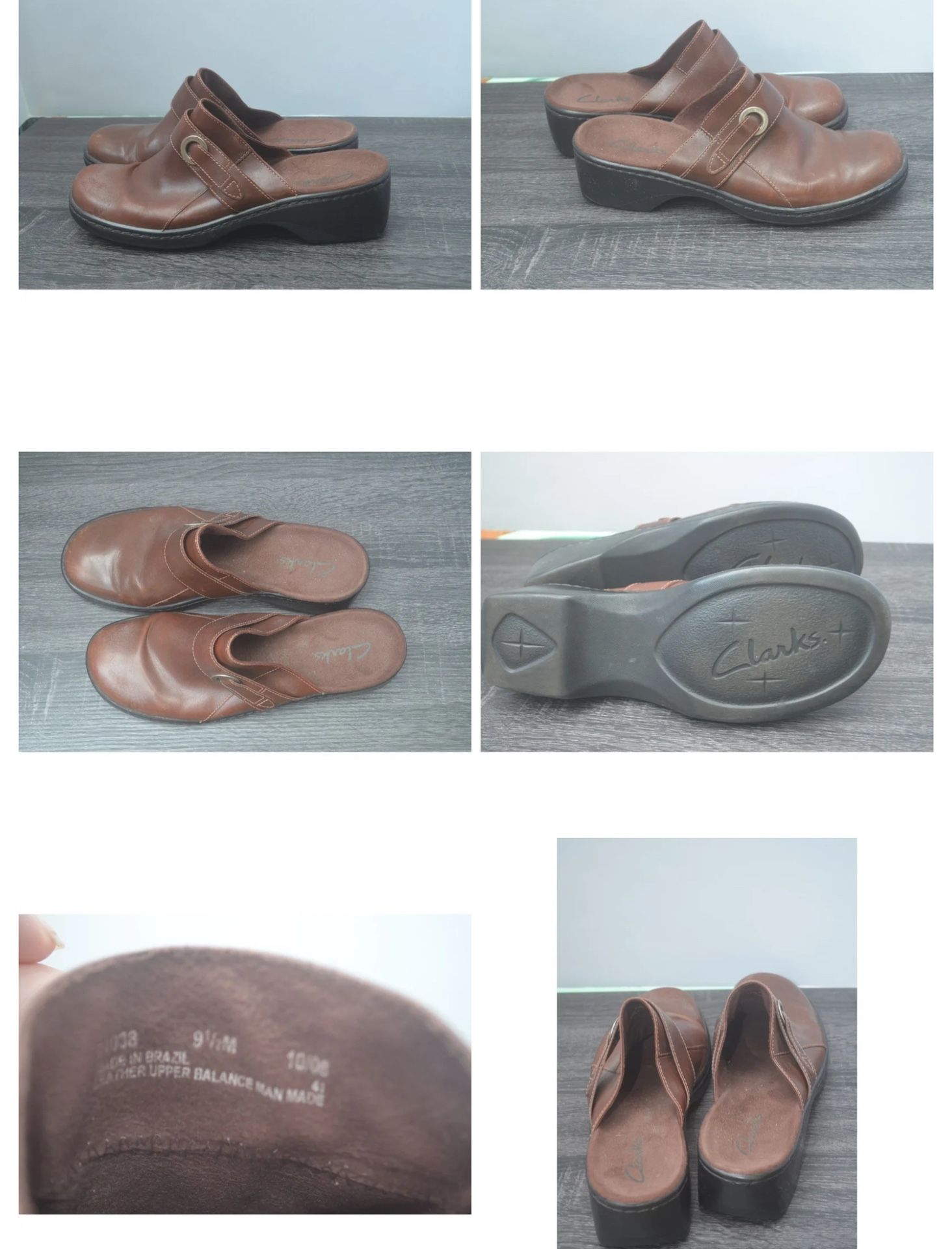 Clarks Brown Leather Clogs, Size 9.5M, Slip-On, Comfortable Everyday Shoes