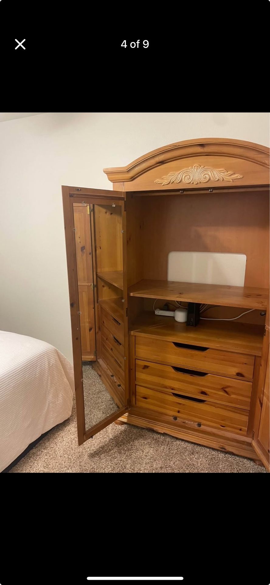 Solid Wood Armoire / Wardrobe with Mirror and Power Strip