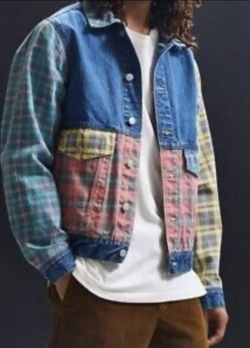 $15 Urban Outfiitters Mens Printed Multi Color Blo ck I Denim Trucker Jacket Multicolor/ Large