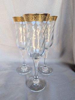 Italian Crystal Champagne Flutes with Gold Gilt Rims, Set of 6, Cristal Mode "6 Calici Flute," Made in Italy, New in Box