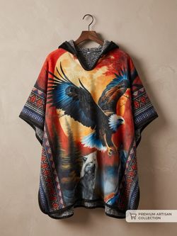 Hooded Poncho Cape with Eagle and Wolf Print