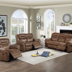 Brand New Brown Breathable Leatherette Recliner 3pc Living Room Set 