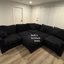 Stylish Black Sectional Sofa With Ottoman Corduroy Fabric Material  Brand New