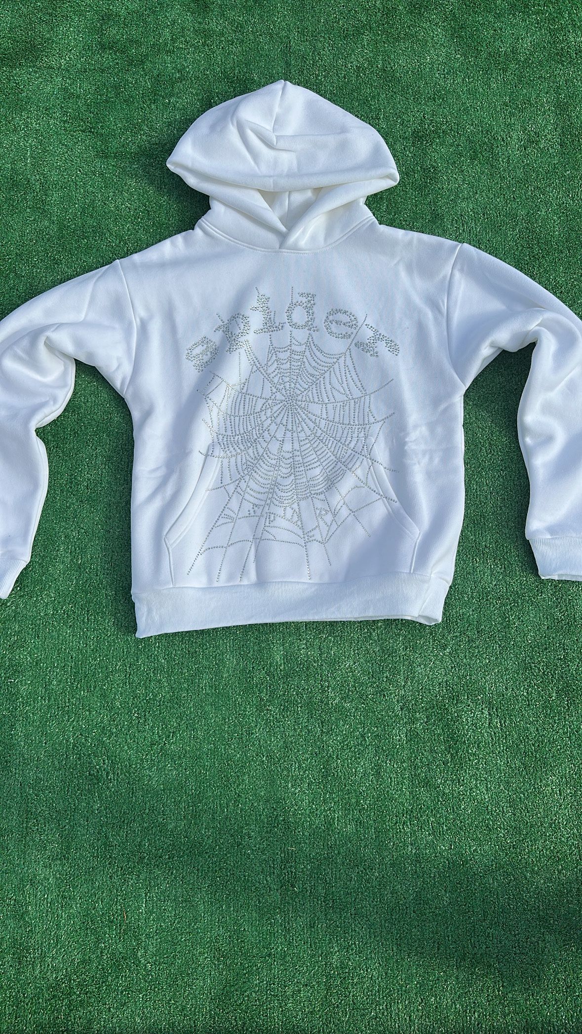 white rhinestone sp5der hoodie