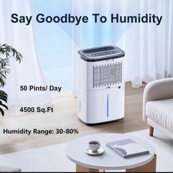 50 pt. White Dehumidifier for Home and Basement, 4500 sq. ft., Drain Hose, Auto Defrost, Continuous Drainage
