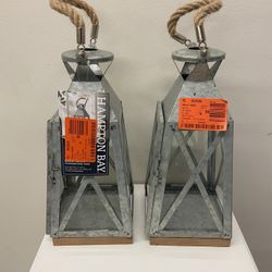 Pair of 14” Galvanized Metal and Glass Lanterns 