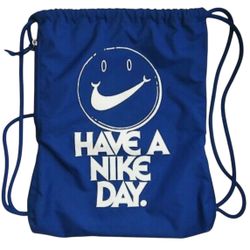 Nike Gym Sack Drawstring Bag Backpack Zipped Pocket Blue Happy Face Swoosh