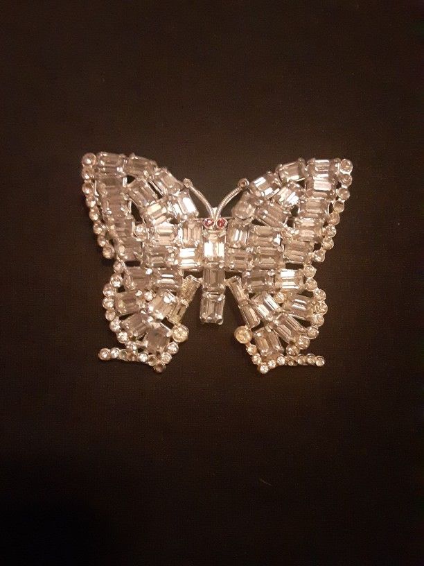 Vintage Sterling Silver Diamond Crystal Butterfly Brooch Pin with Red Crystal Eyes 