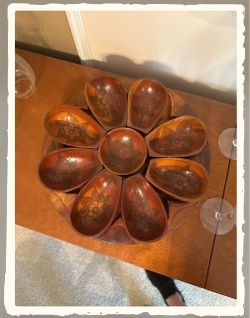 Carved Wooden Lazy Susan Bowl Set