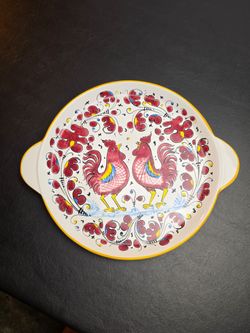 Deruta Italy Red Rooster 12" Cake Plate Platter with Handles Hand Painted