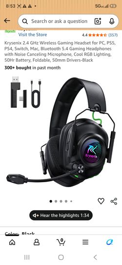 krysenix 2.4 ghz wireless gaming headset for pc, ps5, ps4, switch, mac, bluetooth 5.4 gaming headphones with noise canceling microphone, cool rgb ligh