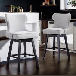 SET OF 2 Mid-Century Modern Breathable Linen Fabric Upholstered Swivel 360 Barstools, Counter Height Dining Chairs, 26” Height, Set of 2 Barstools